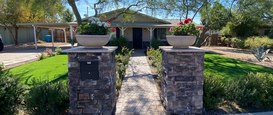 Walkway, lawn, and flowers by a house in Fountain Hills, AZ.